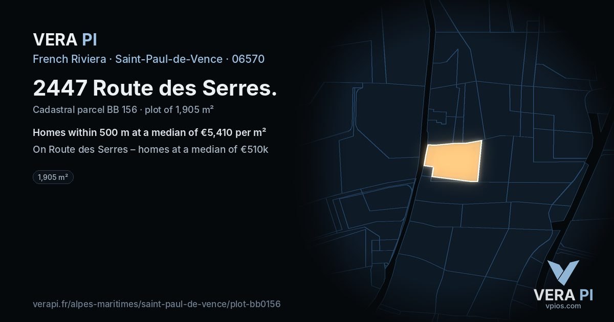 2447 Route des Serres, Saint-Paul-de-Vence at night – the plot lit, the parcels around coloured by the prices near them