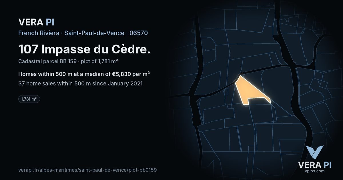 107 Impasse du Cèdre, Saint-Paul-de-Vence at night – the plot lit, the parcels around coloured by the prices near them