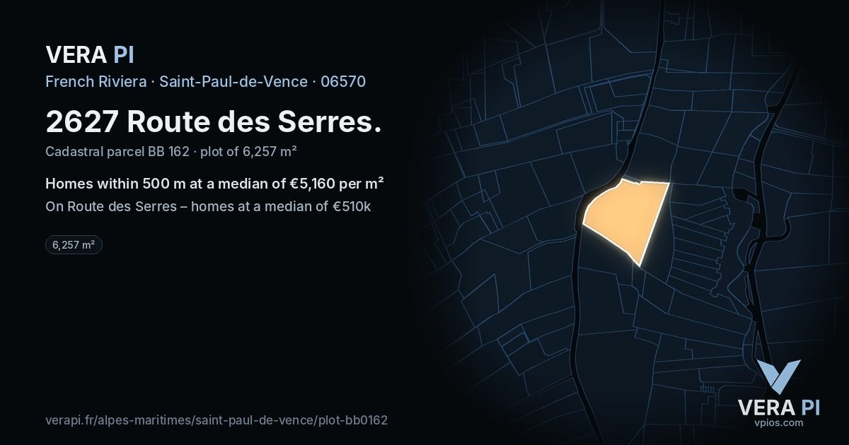 2627 Route des Serres, Saint-Paul-de-Vence at night – the plot lit, the parcels around coloured by the prices near them