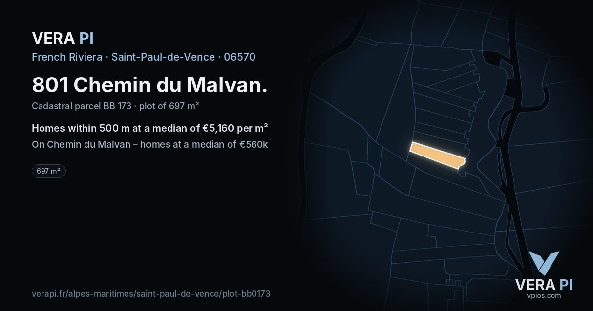 801 Chemin du Malvan, Saint-Paul-de-Vence at night – the plot lit, the parcels around coloured by the prices near them