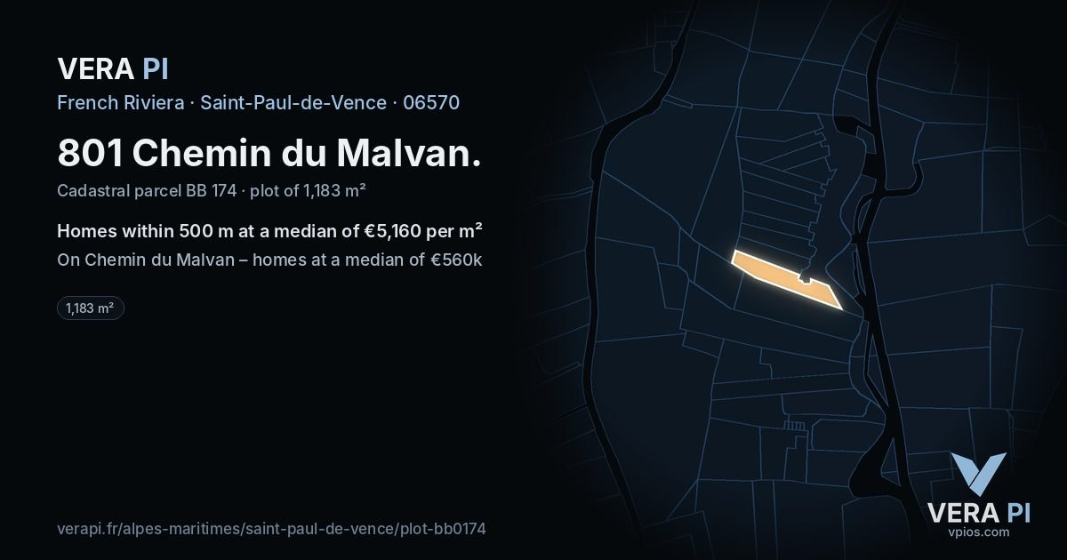 801 Chemin du Malvan, Saint-Paul-de-Vence at night – the plot lit, the parcels around coloured by the prices near them