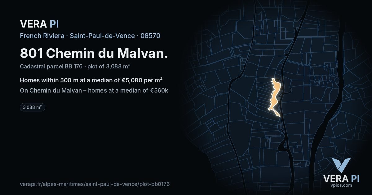 801 Chemin du Malvan, Saint-Paul-de-Vence at night – the plot lit, the parcels around coloured by the prices near them