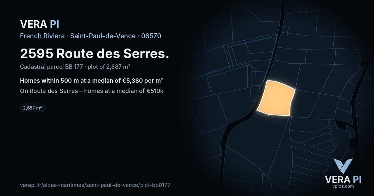 2595 Route des Serres, Saint-Paul-de-Vence at night – the plot lit, the parcels around coloured by the prices near them