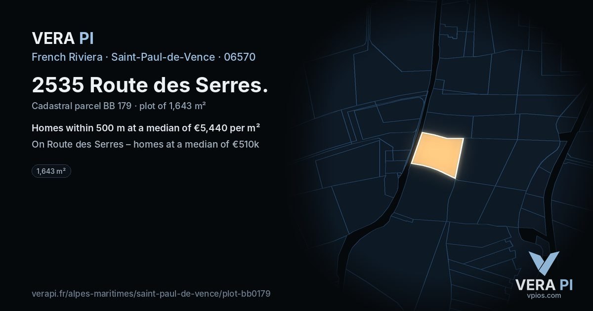2535 Route des Serres, Saint-Paul-de-Vence at night – the plot lit, the parcels around coloured by the prices near them