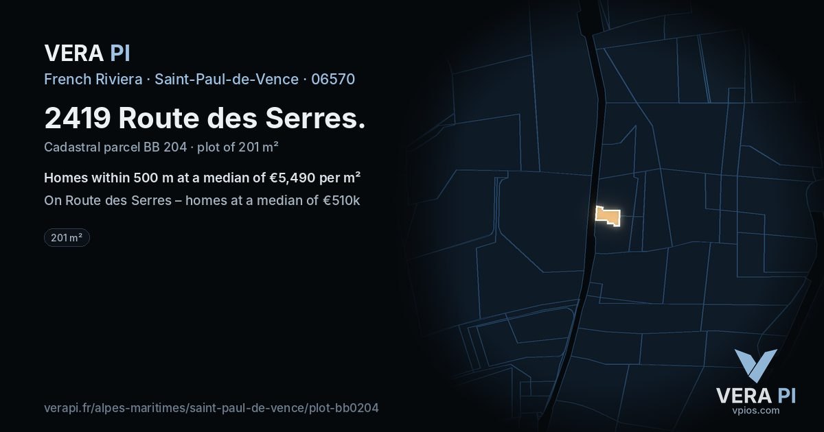2419 Route des Serres, Saint-Paul-de-Vence at night – the plot lit, the parcels around coloured by the prices near them