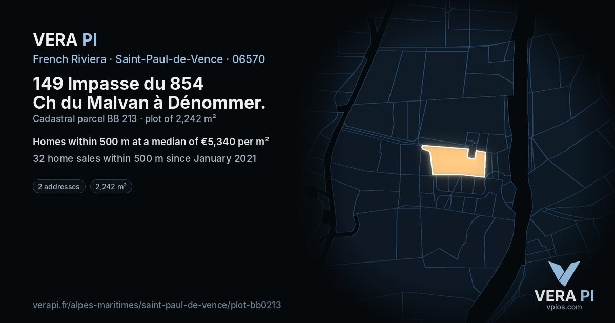 149 Impasse du 854 Ch du Malvan à Dénommer, Saint-Paul-de-Vence at night – the plot lit, the parcels around coloured by the prices near them