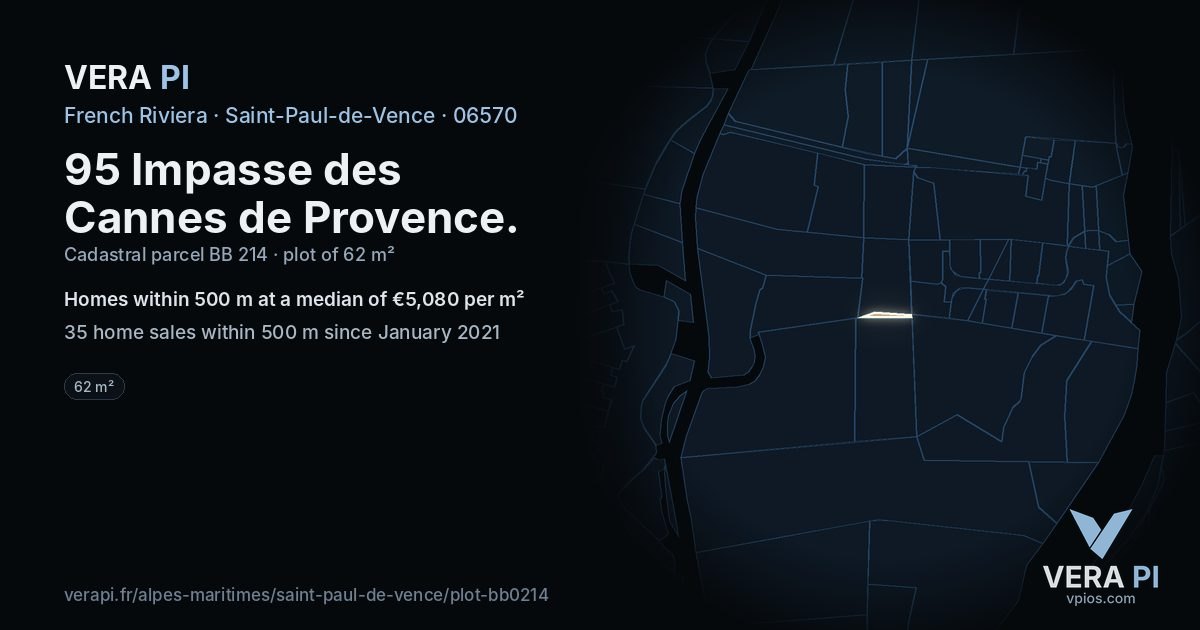 95 Impasse des Cannes de Provence, Saint-Paul-de-Vence at night – the plot lit, the parcels around coloured by the prices near them