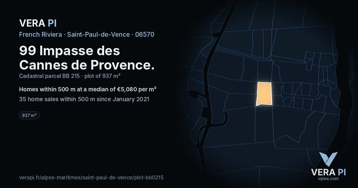 99 Impasse des Cannes de Provence, Saint-Paul-de-Vence at night – the plot lit, the parcels around coloured by the prices near them