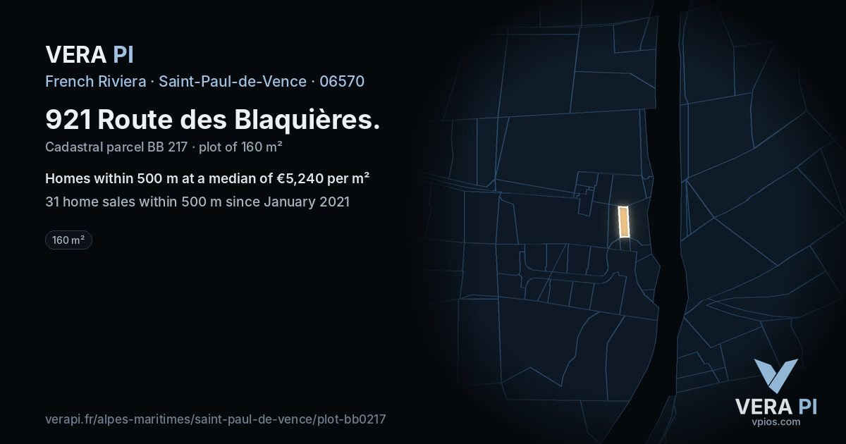 921 Route des Blaquières, Saint-Paul-de-Vence at night – the plot lit, the parcels around coloured by the prices near them