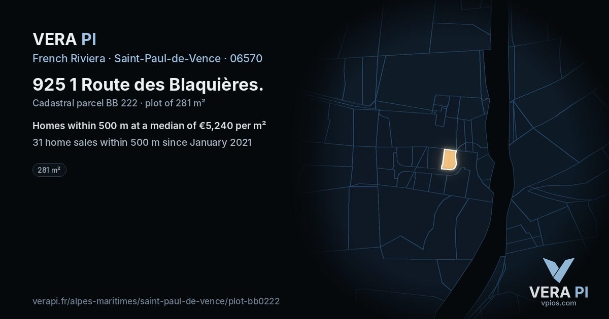 925 1 Route des Blaquières, Saint-Paul-de-Vence at night – the plot lit, the parcels around coloured by the prices near them