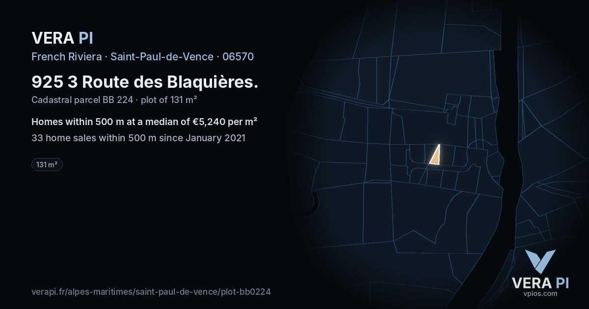 925 3 Route des Blaquières, Saint-Paul-de-Vence at night – the plot lit, the parcels around coloured by the prices near them