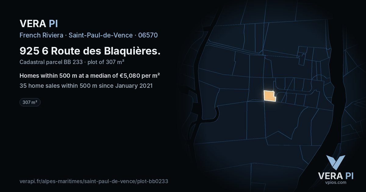 925 6 Route des Blaquières, Saint-Paul-de-Vence at night – the plot lit, the parcels around coloured by the prices near them