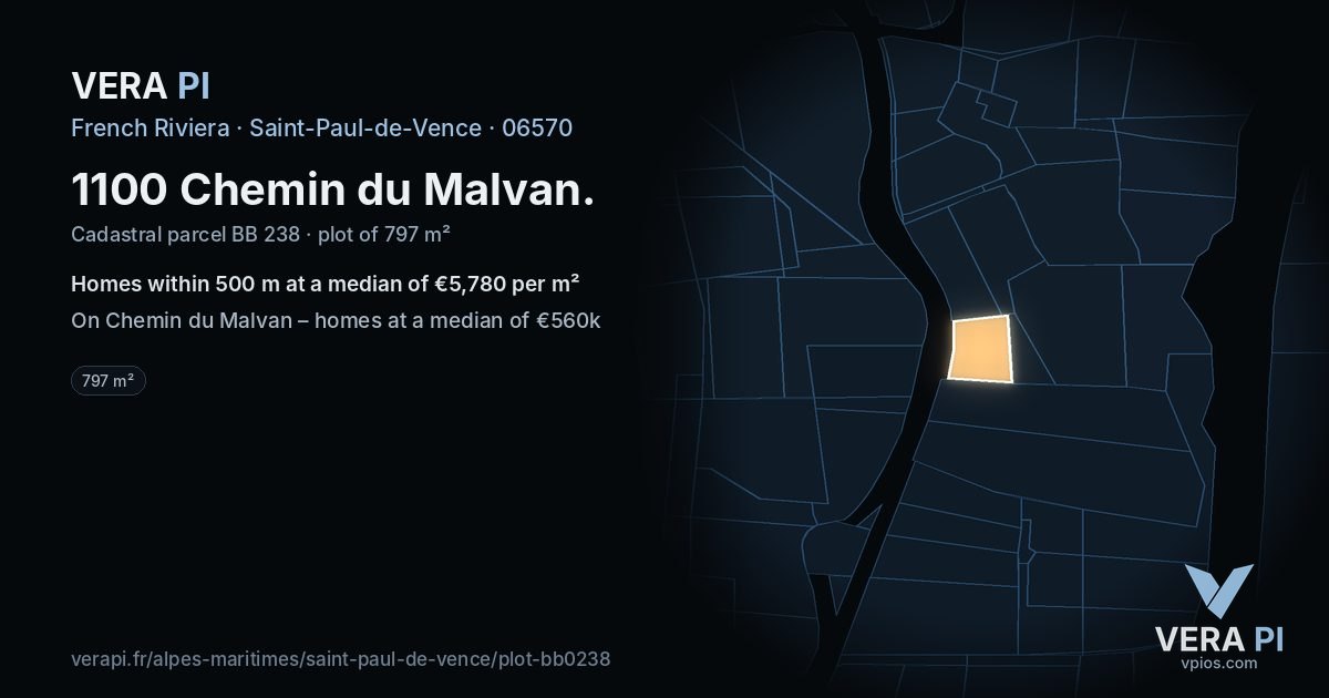 1100 Chemin du Malvan, Saint-Paul-de-Vence at night – the plot lit, the parcels around coloured by the prices near them