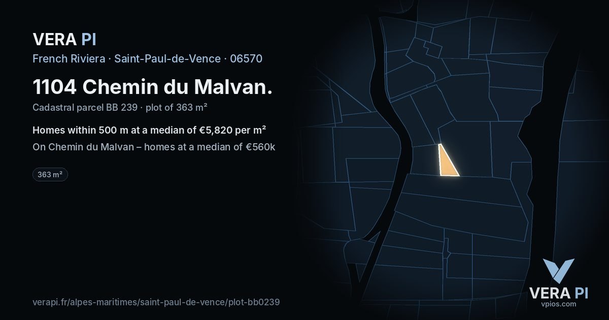 1104 Chemin du Malvan, Saint-Paul-de-Vence at night – the plot lit, the parcels around coloured by the prices near them
