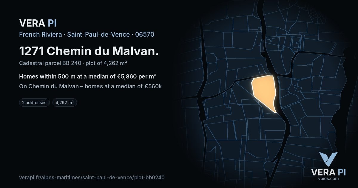 1271 Chemin du Malvan, Saint-Paul-de-Vence at night – the plot lit, the parcels around coloured by the prices near them