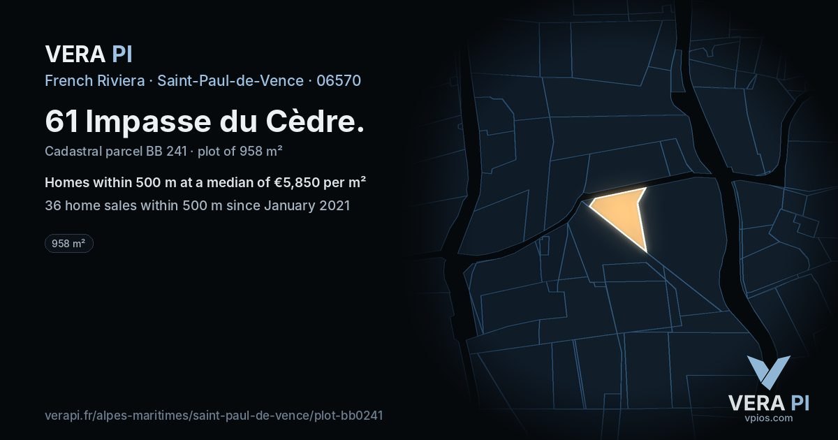 61 Impasse du Cèdre, Saint-Paul-de-Vence at night – the plot lit, the parcels around coloured by the prices near them