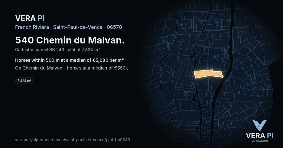 540 Chemin du Malvan, Saint-Paul-de-Vence at night – the plot lit, the parcels around coloured by the prices near them