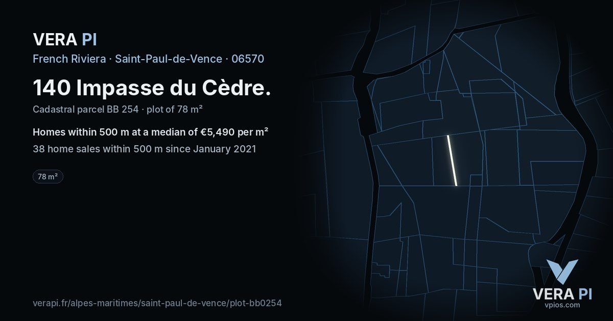 140 Impasse du Cèdre, Saint-Paul-de-Vence at night – the plot lit, the parcels around coloured by the prices near them