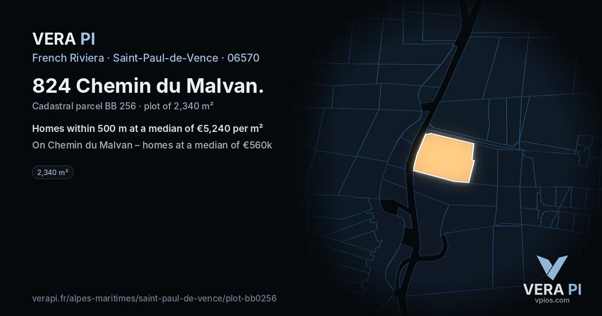 824 Chemin du Malvan, Saint-Paul-de-Vence at night – the plot lit, the parcels around coloured by the prices near them
