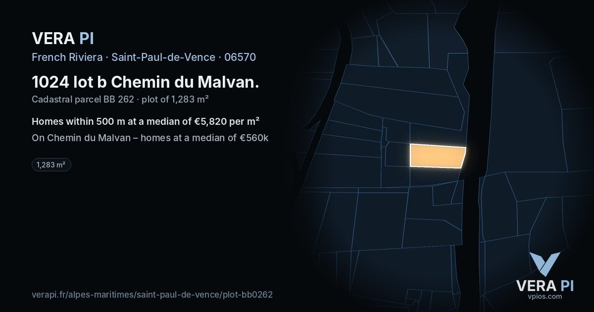 1024 lot b Chemin du Malvan, Saint-Paul-de-Vence at night – the plot lit, the parcels around coloured by the prices near them