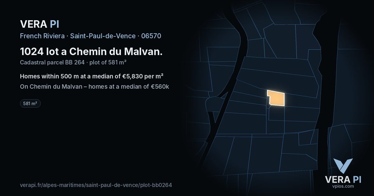 1024 lot a Chemin du Malvan, Saint-Paul-de-Vence at night – the plot lit, the parcels around coloured by the prices near them