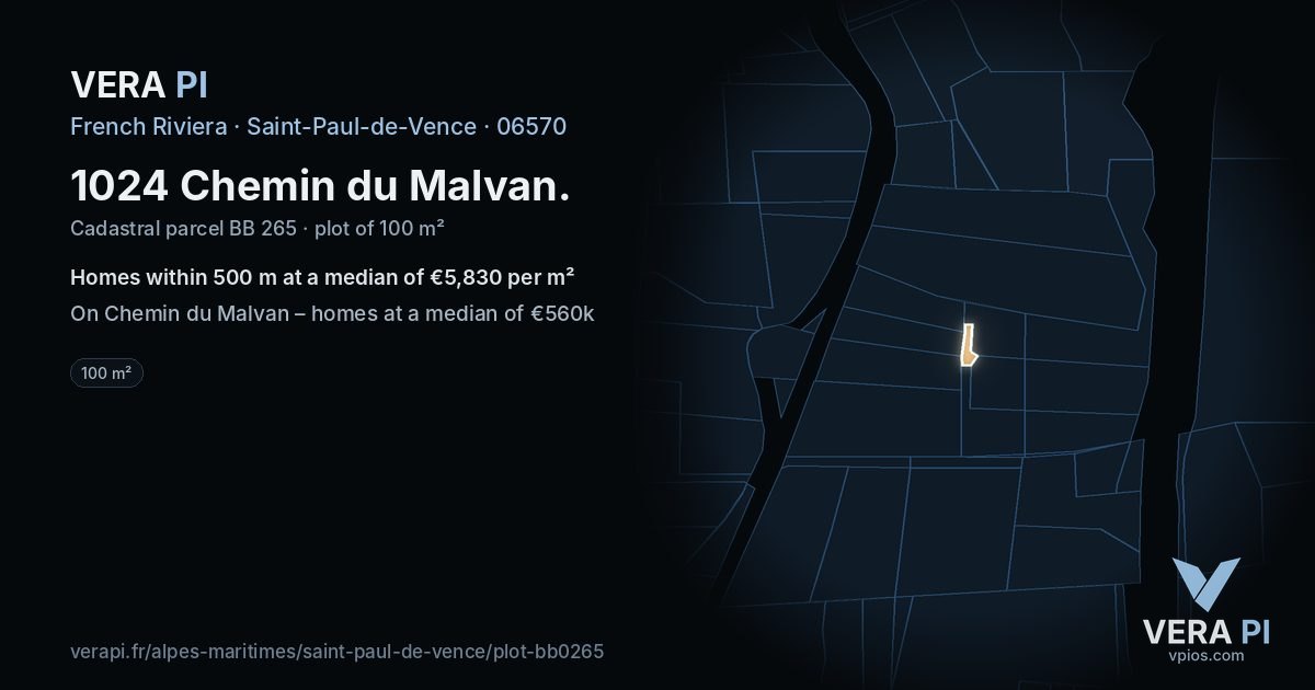 1024 Chemin du Malvan, Saint-Paul-de-Vence at night – the plot lit, the parcels around coloured by the prices near them