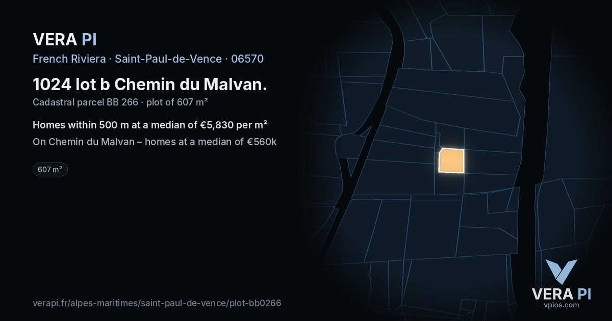 1024 lot b Chemin du Malvan, Saint-Paul-de-Vence at night – the plot lit, the parcels around coloured by the prices near them