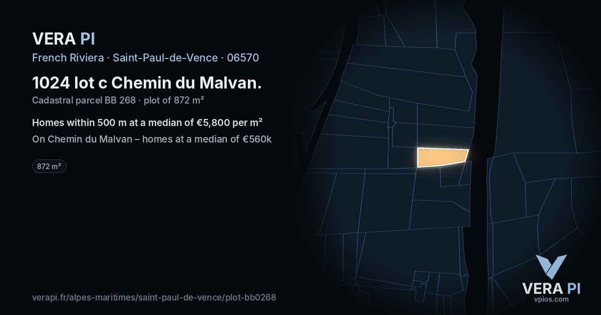 1024 lot c Chemin du Malvan, Saint-Paul-de-Vence at night – the plot lit, the parcels around coloured by the prices near them