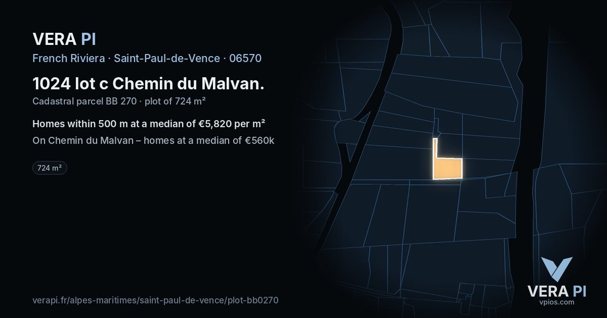 1024 lot c Chemin du Malvan, Saint-Paul-de-Vence at night – the plot lit, the parcels around coloured by the prices near them