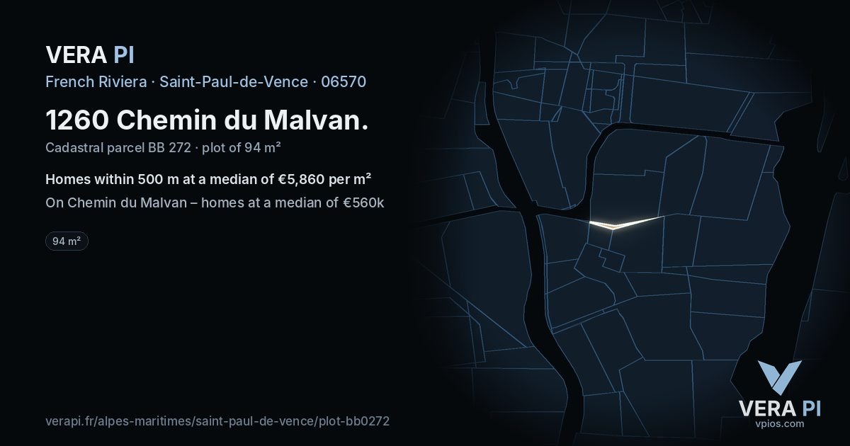 1260 Chemin du Malvan, Saint-Paul-de-Vence at night – the plot lit, the parcels around coloured by the prices near them