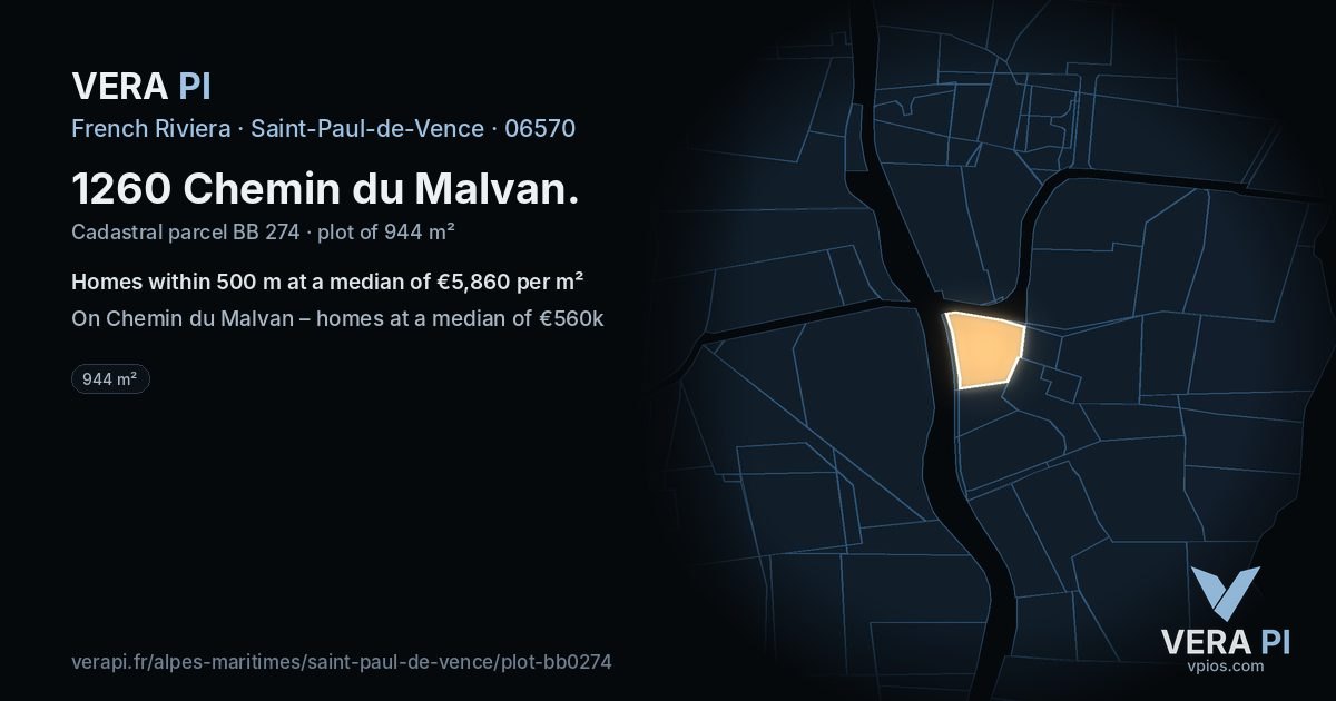 1260 Chemin du Malvan, Saint-Paul-de-Vence at night – the plot lit, the parcels around coloured by the prices near them