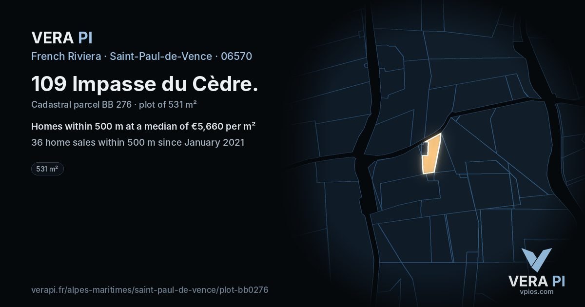 109 Impasse du Cèdre, Saint-Paul-de-Vence at night – the plot lit, the parcels around coloured by the prices near them
