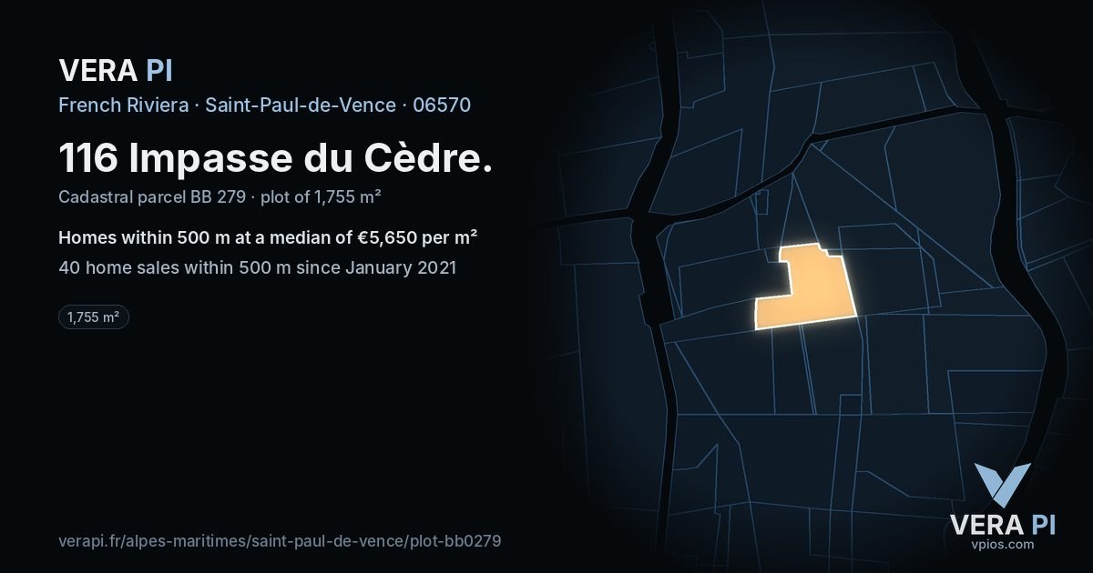 116 Impasse du Cèdre, Saint-Paul-de-Vence at night – the plot lit, the parcels around coloured by the prices near them