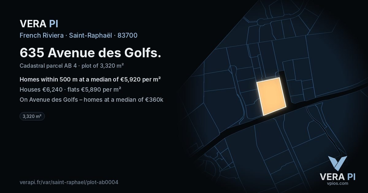 635 Avenue des Golfs, Saint-Raphaël at night – the plot lit, the parcels around coloured by the prices near them