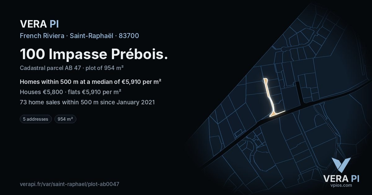 100 Impasse Prébois, Saint-Raphaël at night – the plot lit, the parcels around coloured by the prices near them