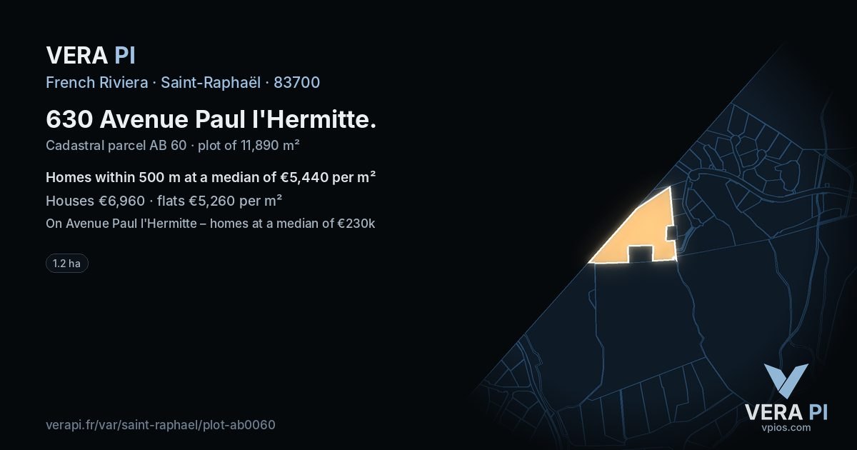630 Avenue Paul l'Hermitte, Saint-Raphaël at night – the plot lit, the parcels around coloured by the prices near them