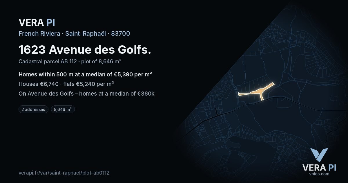 1623 Avenue des Golfs, Saint-Raphaël at night – the plot lit, the parcels around coloured by the prices near them