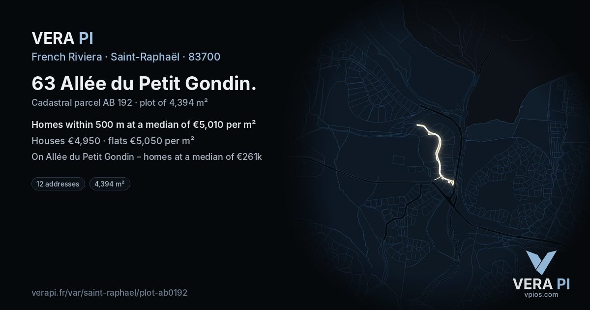 63 Allée du Petit Gondin, Saint-Raphaël at night – the plot lit, the parcels around coloured by the prices near them