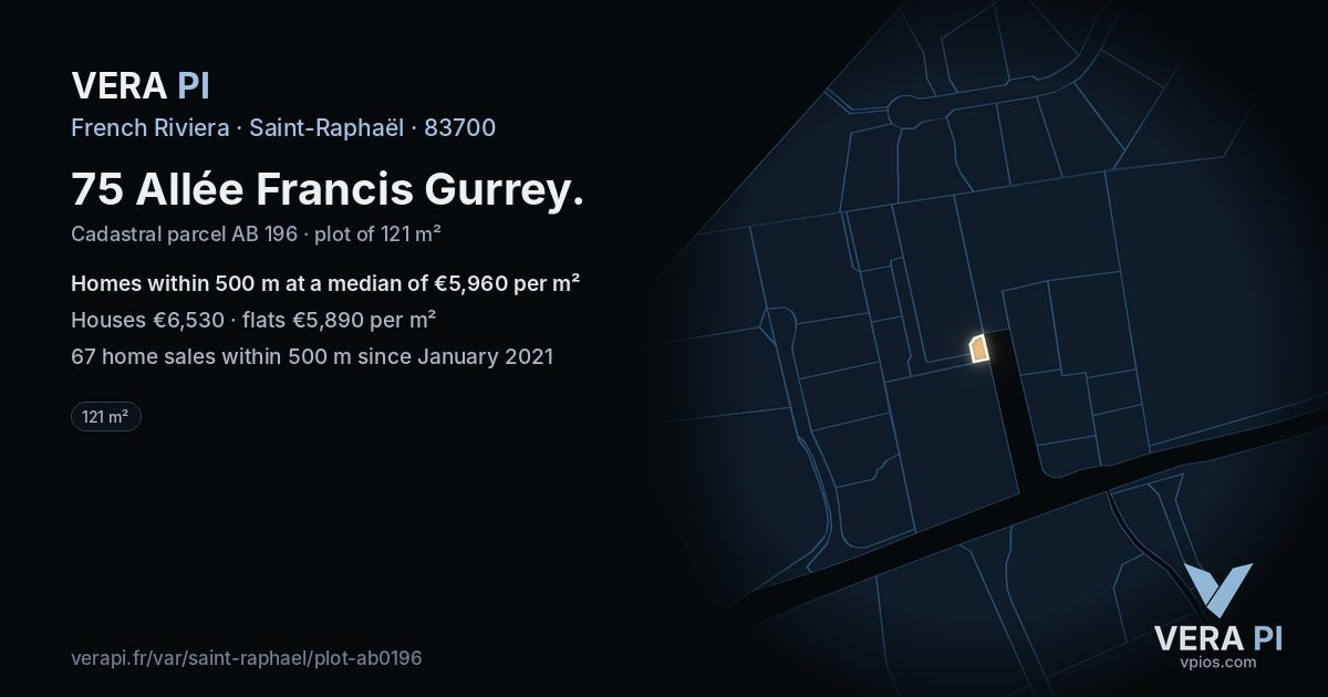 75 Allée Francis Gurrey, Saint-Raphaël at night – the plot lit, the parcels around coloured by the prices near them