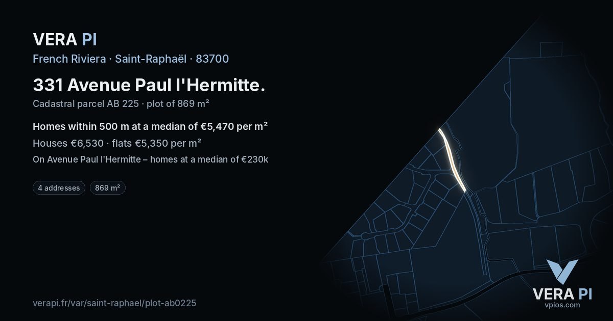 331 Avenue Paul l'Hermitte, Saint-Raphaël at night – the plot lit, the parcels around coloured by the prices near them
