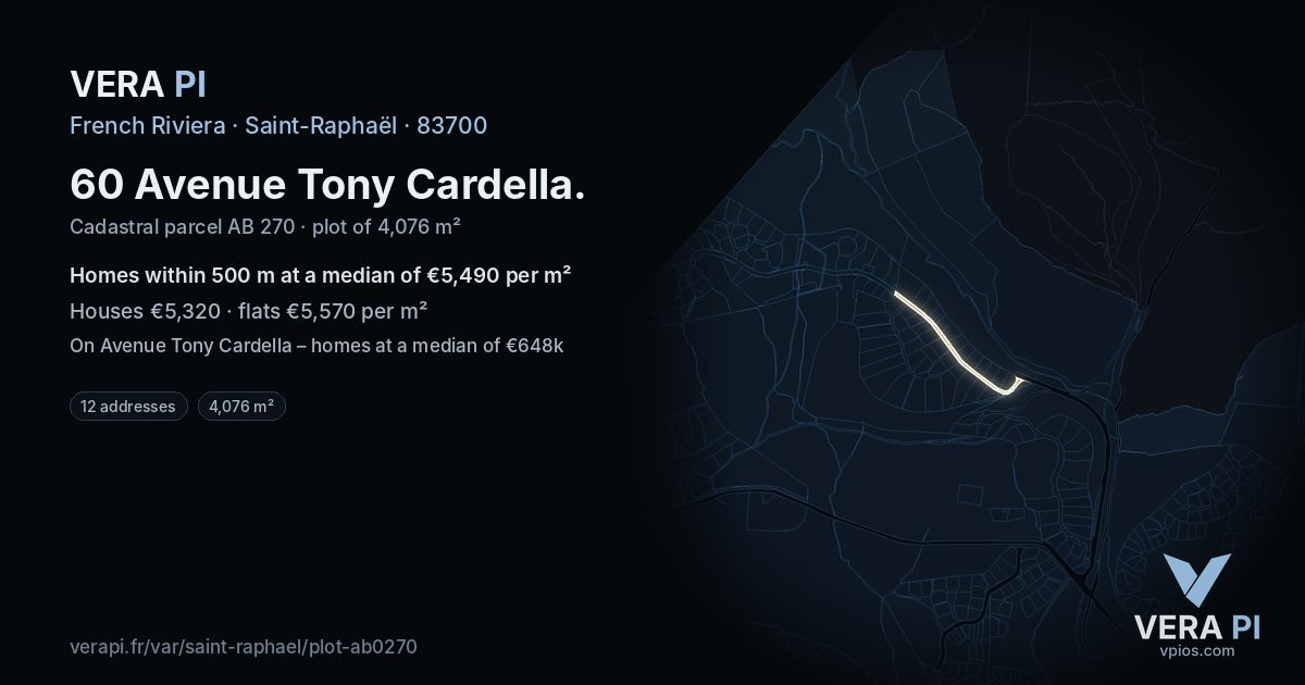 60 Avenue Tony Cardella, Saint-Raphaël at night – the plot lit, the parcels around coloured by the prices near them