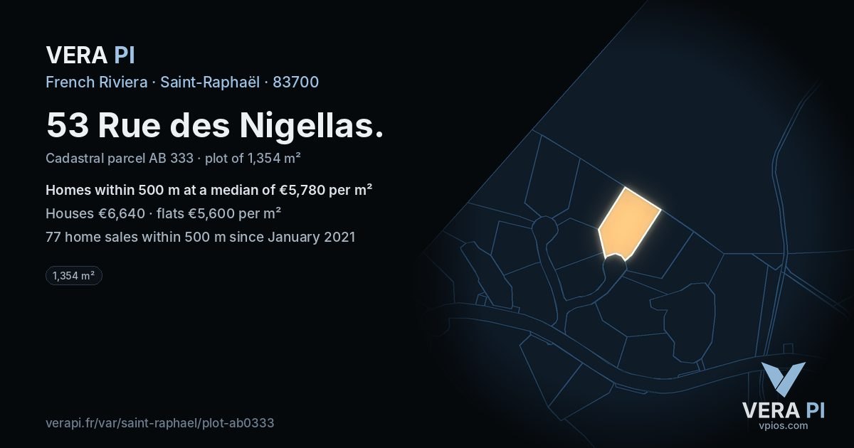 53 Rue des Nigellas, Saint-Raphaël at night – the plot lit, the parcels around coloured by the prices near them