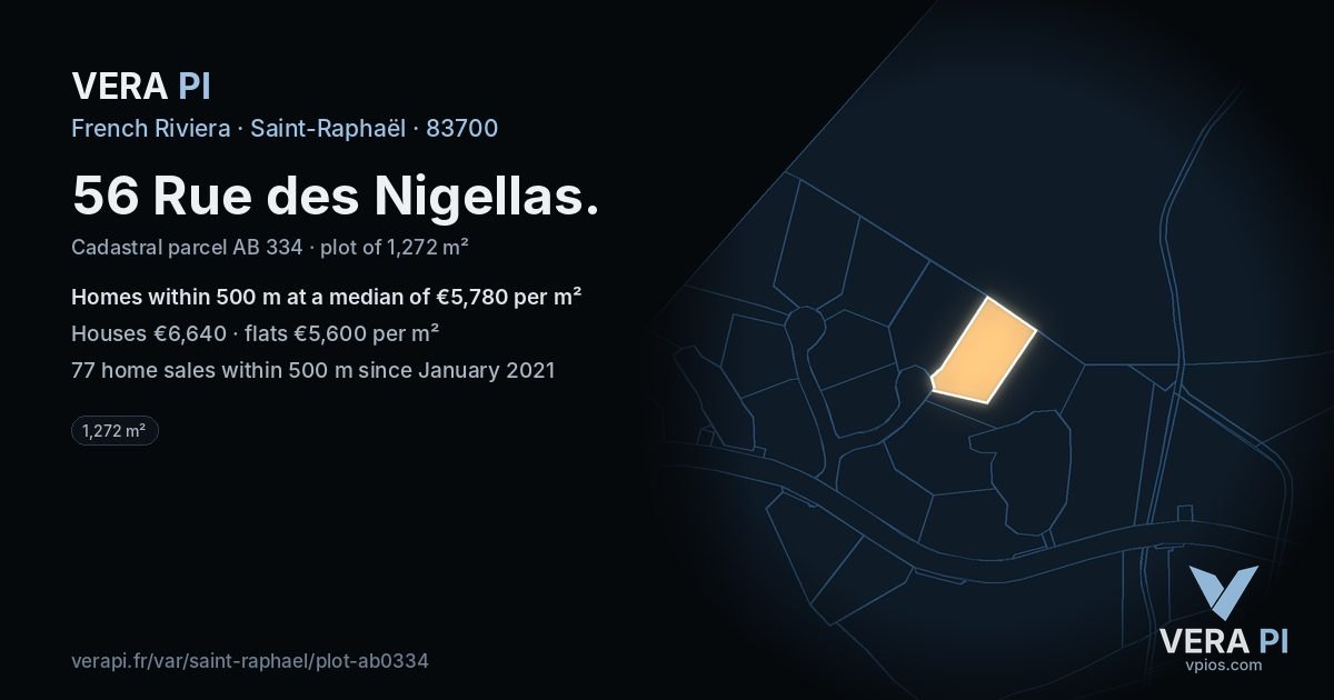56 Rue des Nigellas, Saint-Raphaël at night – the plot lit, the parcels around coloured by the prices near them