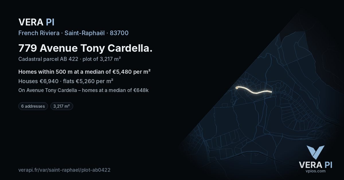 779 Avenue Tony Cardella, Saint-Raphaël at night – the plot lit, the parcels around coloured by the prices near them