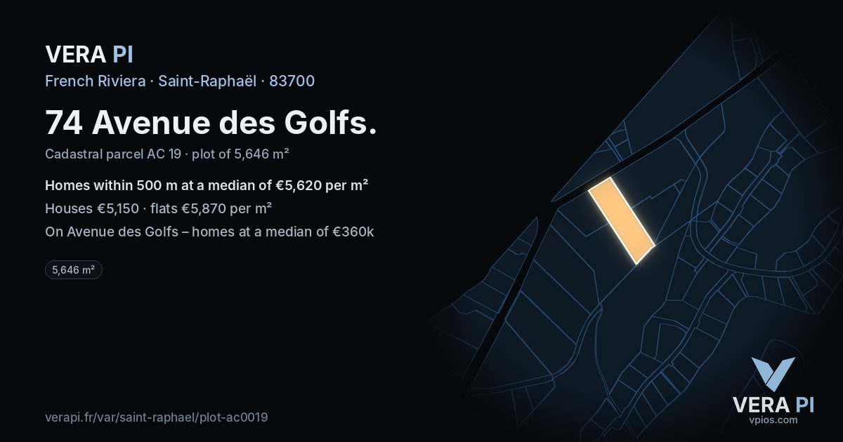 74 Avenue des Golfs, Saint-Raphaël at night – the plot lit, the parcels around coloured by the prices near them