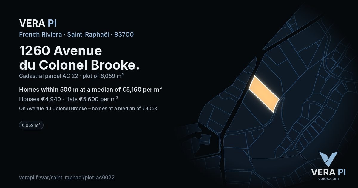 1260 Avenue du Colonel Brooke, Saint-Raphaël at night – the plot lit, the parcels around coloured by the prices near them