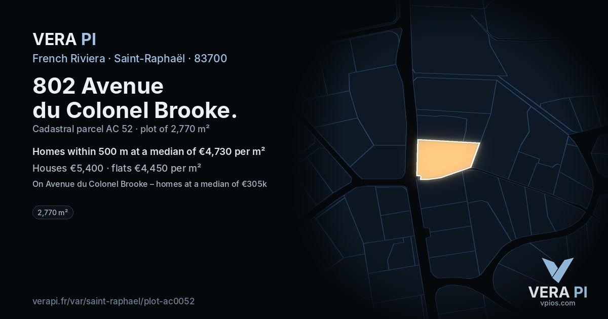 802 Avenue du Colonel Brooke, Saint-Raphaël at night – the plot lit, the parcels around coloured by the prices near them