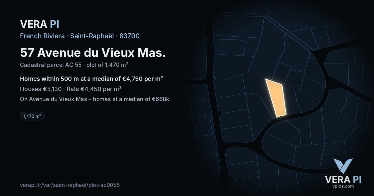 57 Avenue du Vieux Mas, Saint-Raphaël at night – the plot lit, the parcels around coloured by the prices near them