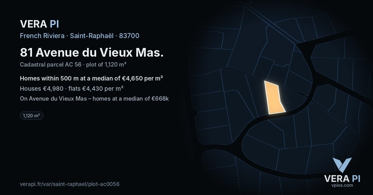 81 Avenue du Vieux Mas, Saint-Raphaël at night – the plot lit, the parcels around coloured by the prices near them