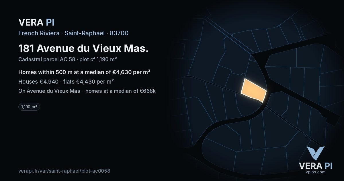 181 Avenue du Vieux Mas, Saint-Raphaël at night – the plot lit, the parcels around coloured by the prices near them